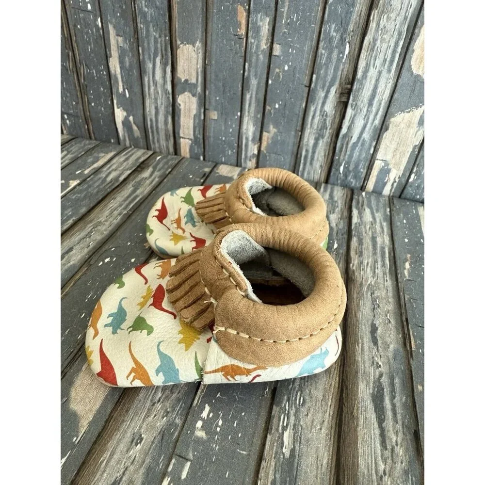 Freshly Picked Dino Soft Sole Baby Moccasin Shoes Leather USA sz 1 month